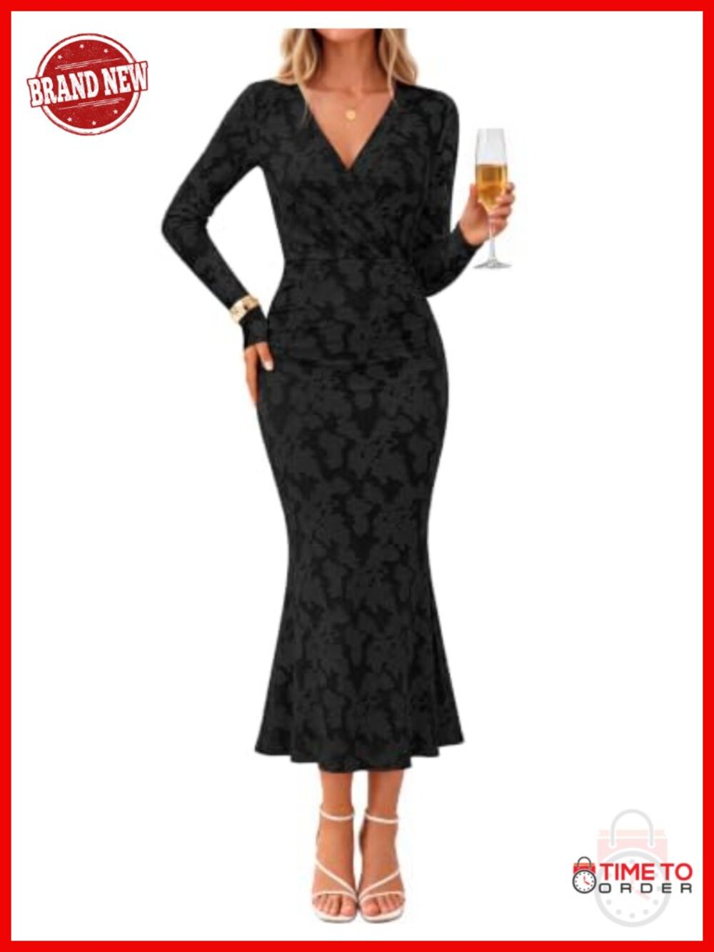 Wrap V-Neck Floral Maxi Dress Long Sleeve Ruched Ruffle Hem Formal